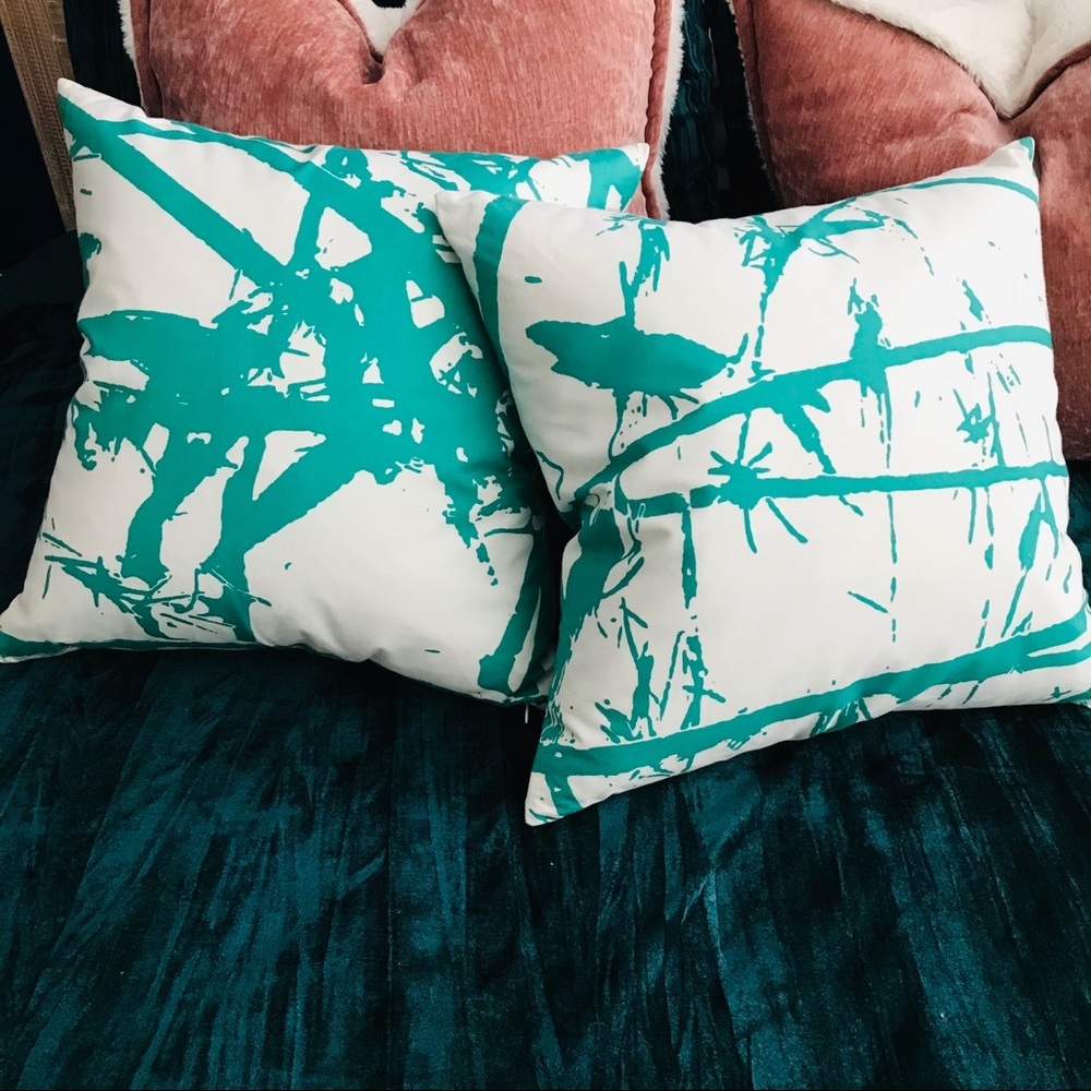 Set of 2 Unison Throw Pillows Teal White Splatter green blue